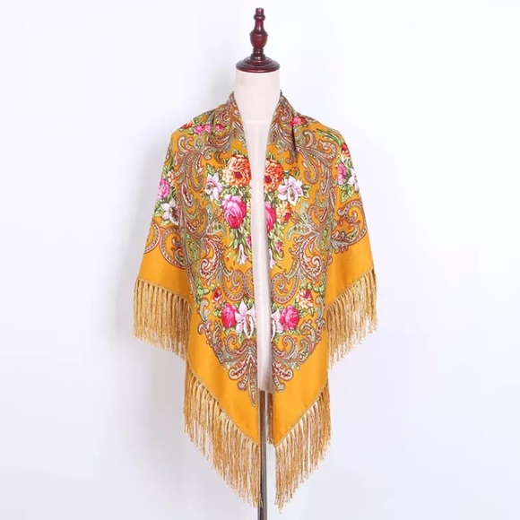 Accessories - New! Stunning Ochre Floral Fringed Russian Shawl